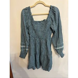 American Eagle Plaid Cottage Core Peasant Dress Size Small Blue Long Sleeve